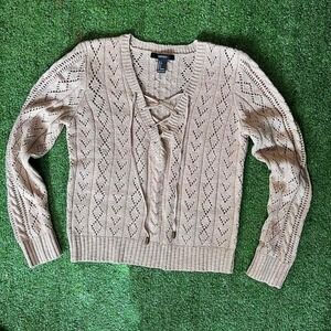 Forever 21 knit lace crochet sweater V-neck with tie front‎ womens size S